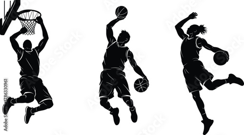 Basketball slam dunk silhouette, airborne players, dynamic motion, sports vector, athletic pose, double ball control, jump, action, court, power