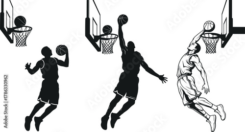 Basketball slam dunk silhouette, airborne player, athletic jump pose, sports action vector, black illustration, hoop dunk, dynamic movement clipart
