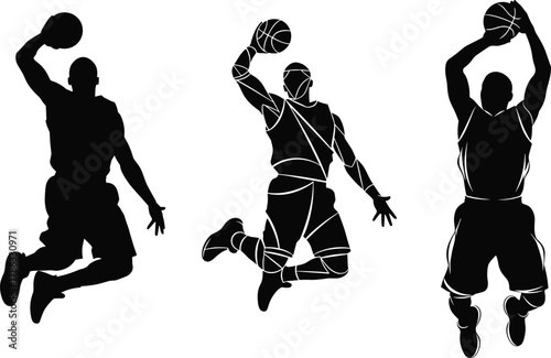 Basketball slam dunk silhouette, airborne players, dynamic motion, sports vector, athletic pose, muscle outline, action graphic, jump, ball, court