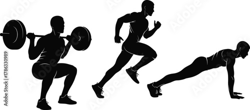 Fitness silhouette illustration, barbell squat, running athlete, plank workout pose, strength training, cardio exercise, core stability, gym vector art