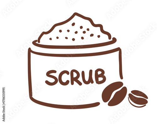 Hand-drawn brown line illustration of a coffee body scrub jar with coffee beans. Perfect for skincare, spa, and natural beauty product designs.
