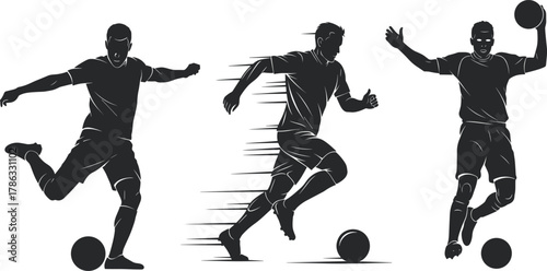 Soccer Silhouette, Male Athlete, Football Action, Running Pose, Kicking Motion, Ball Throw, Dynamic Sports, Vector Art, Team Game, Energy