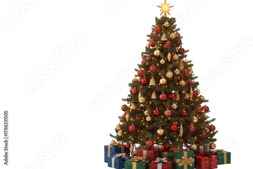 Decorated Green Christmas Tree with Colorful Gift Boxes, isolated on transparent background.png