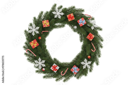 Decorated Christmas Tree Branch Tips with Gift Boxes and Snowflakes, Flat Lay Composition, Isolated on Transparent Background.png