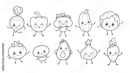 Funny black and white doodles of smiling vegetables carrot, beet, onion, avocado, pepper, and more. Perfect for coloring pages or healthy food designs.