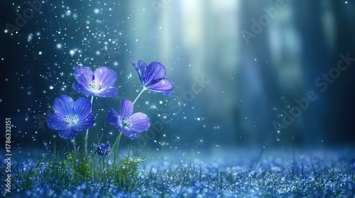 A bunch of blue flowers sitting on top of a lush green field