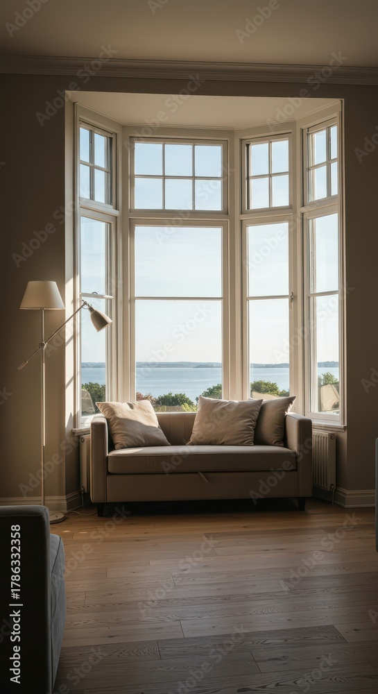 Fototapeta premium Architectural interior view featuring a large, sunlit bay window with comfortable seating, showcasing natural light and home design, comfortable, glass, traditional