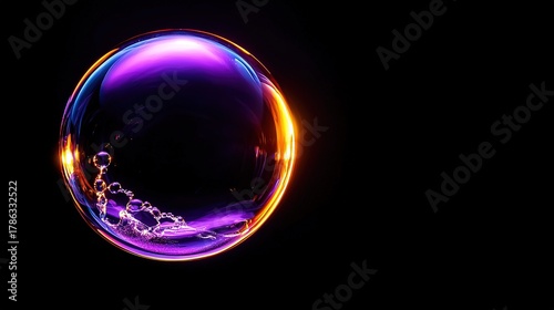 A purple and orange soap bubble on a black background