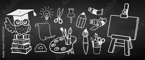 White hand-drawn doodles of school and art supplies on a chalkboard background brushes, owl, palette, books, and easel.