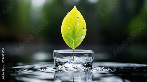 A green leaf in a glass of water with water droplets