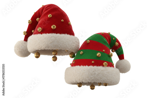 3D Realistic Santa and Elf Hats with Subtle Shadows, Angled Side View, Isolated on Transparent Background.png