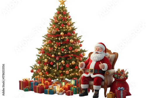  3D Realistic Santa Claus Sitting Beside Christmas Tree with Pile of Presents, Isolated on Transparent Background.png