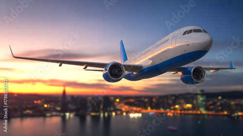 A photorealistic image of a commercial passenger aircraft flying over a cityscape at sunset.