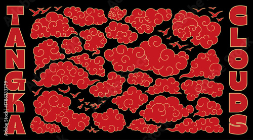 Traditional Chinese Clouds and Flying Birds Gold and Red on Black Classic Elegant Outline Contour Asian Tangka Vector Collection, Isolated Graphic Elements Set
