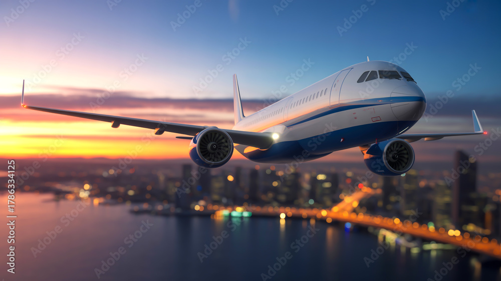Obraz premium A photorealistic image of a commercial passenger aircraft flying over a cityscape at sunset.