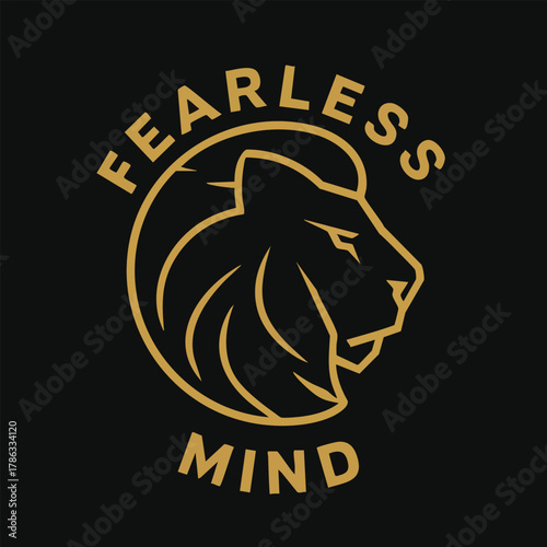 Bold lion head emblem with fearless mind text on dark background
