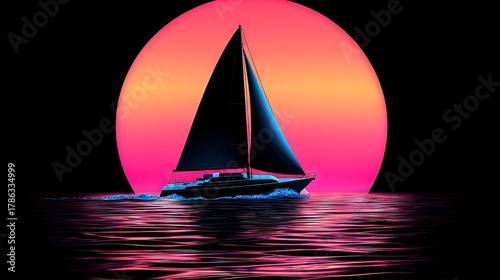 A sailboat floating in the ocean at sunset