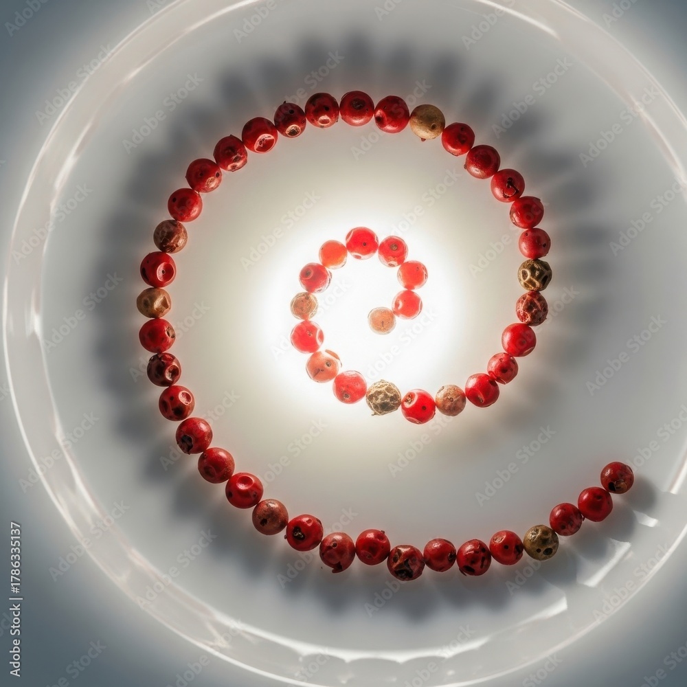 Obraz premium Spiral of red and gold beads on a glass plate