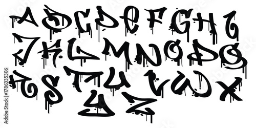 Graffiti dripping full alphabet letters street art style font vector set design