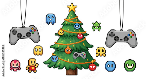 Retro pixel art Christmas tree adorned with vintage game characters and controllers creates a festive gamer holiday celebration scene