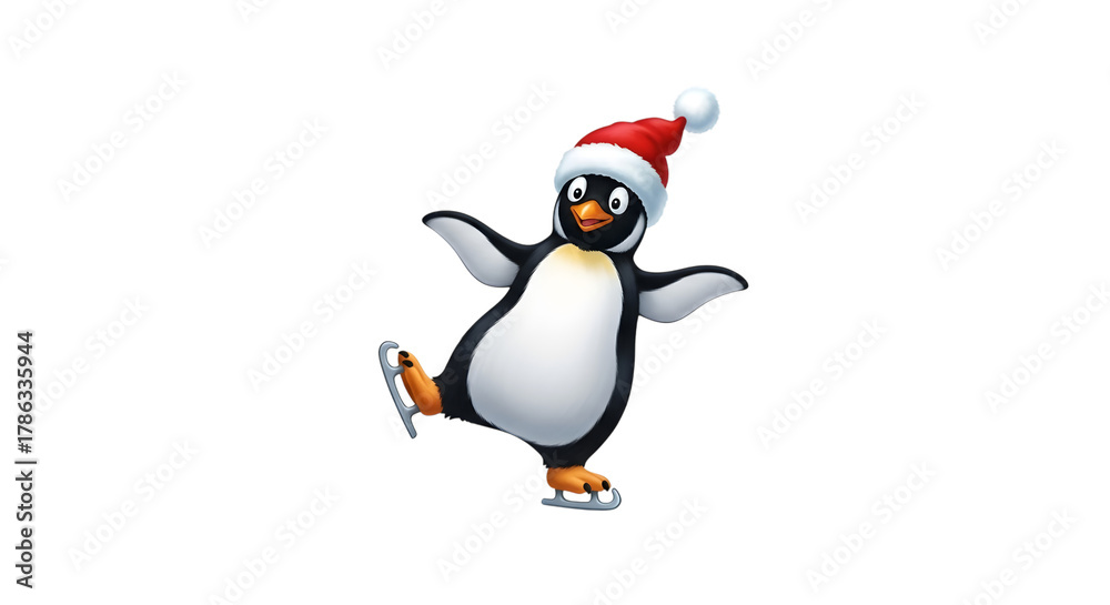 Fototapeta premium Cute cartoon penguin wearing santa hat ice skating isolated on transparent background
