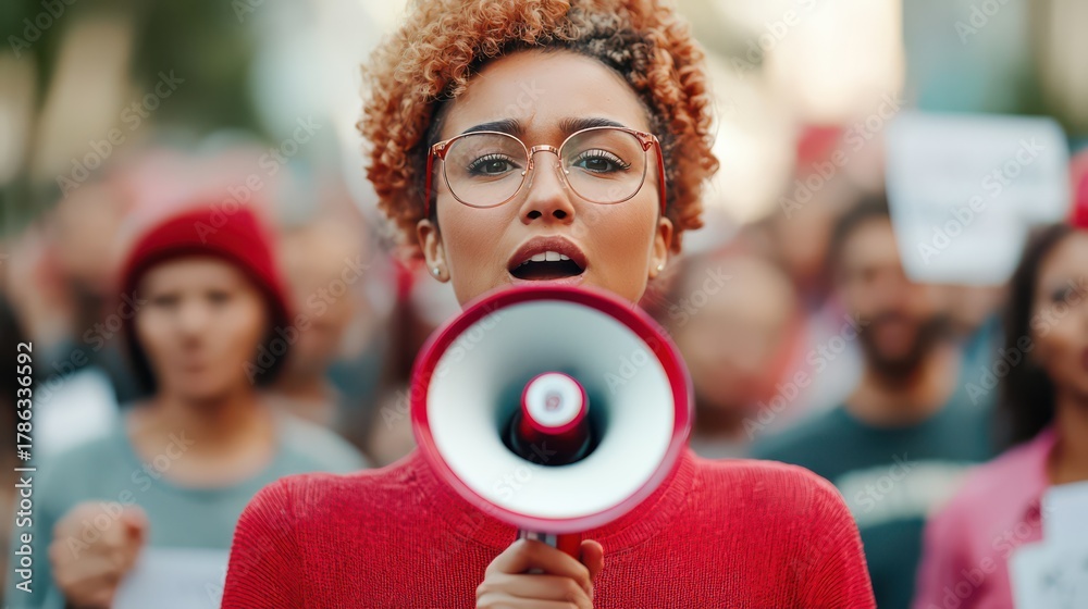 Fototapeta premium A passionate activist speaking into a megaphone at a demonstration, surrounded by a crowd holding signs, conveying strong emotions and a desire for change.