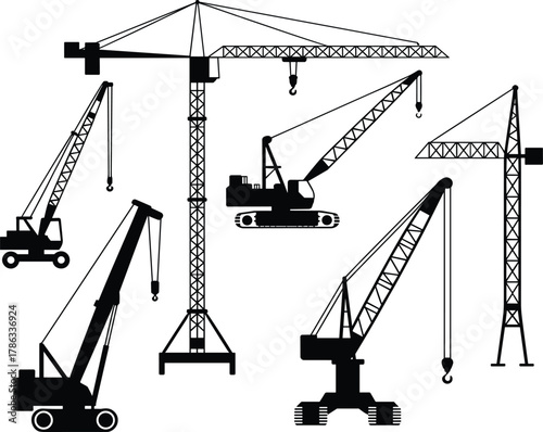 Construction crane silhouettes, mobile crane, tower crane, crawler crane, heavy machinery, industrial equipment, lifting gear, construction site, engineering, infrastructure