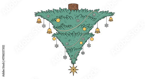 Whimsical upside down Christmas tree with festive ornaments, bells, and snowflakes creates a playful holiday scene for unique seasonal designs.