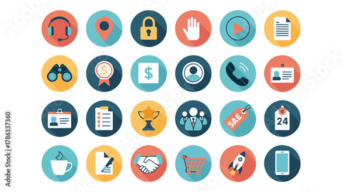 Business icons headset location lock hand play document binoculars award money dollar bill profile phone badge list trophy team sale tag twenty four coffee contract