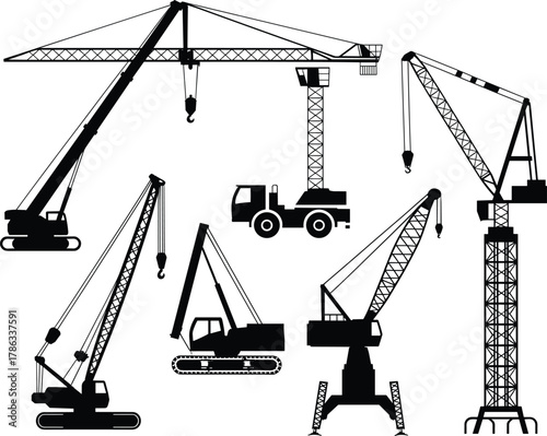 Construction crane silhouettes, tower crane, mobile crane, crawler crane, gantry crane, industrial equipment, heavy lifting, construction machinery, black vector illustration
