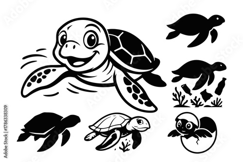 Sea turtles cartoon ocean animals vector graphic elements for design illustrations