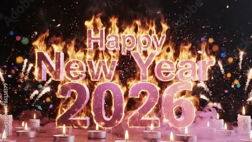 Burning Happy New Year 2026 Celebration with Fireworks and Candles