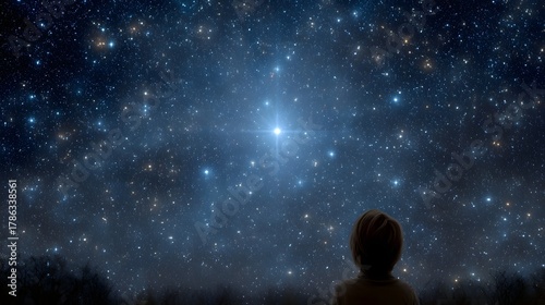A child gazes up at a brilliant star in a vast twinkling night sky filled with constellations