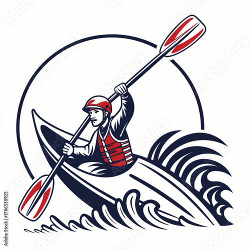 Kayaker Paddling Through Waves Inside a Circle kayaking canoe