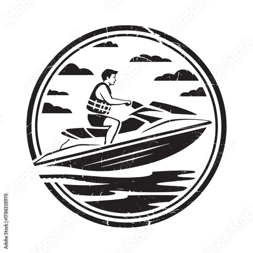 Man riding a jet ski in a circular vintage emblem