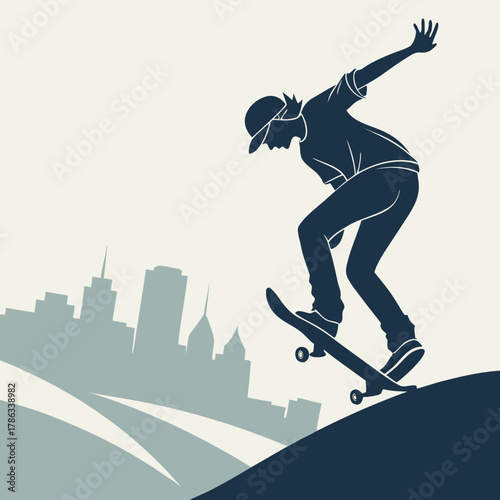 Skateboarder Silhouette Performing a Trick with City Skyline skateboarding jump