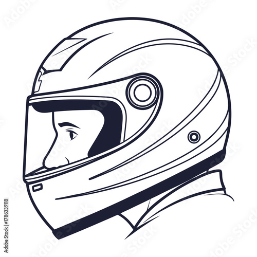Line Art Drawing of a Motorcycle Racer's Helmet in Profile racing sport