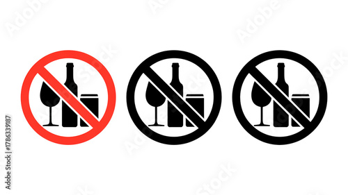 A set of three prohibition-style warning signs showing No Alcohol symbols.