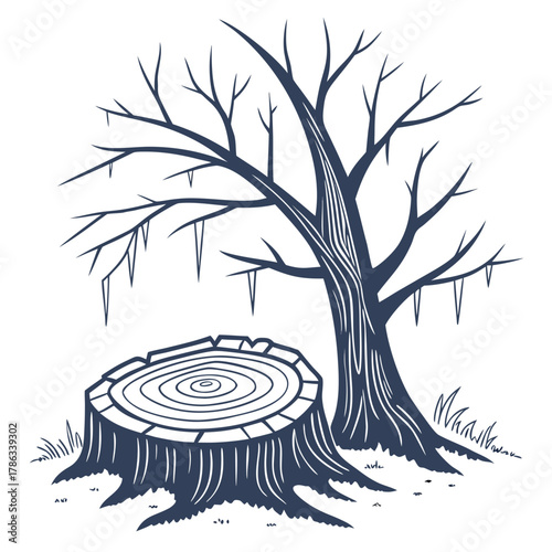 Bare tree and cut tree stump with grass and icicles vector illustration