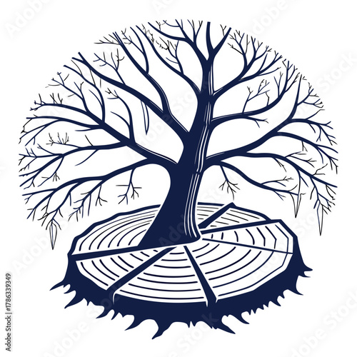 Stylized bare tree on a cut tree stump in a circle vector illustration