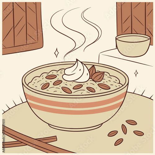 Steaming bowl of porridge with almonds and cream oatmeal breakfast