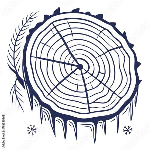 Tree stump with icicles and snowflakes wood rings