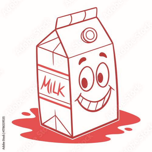 Happy Cartoon Milk Carton Character with Red Outline and Splatter vector illustration