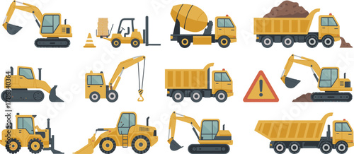 Construction vehicles, excavator, forklift, cement mixer, dump truck, bulldozer, crane, backhoe loader, wheel loader, heavy equipment, industrial machinery, site tools