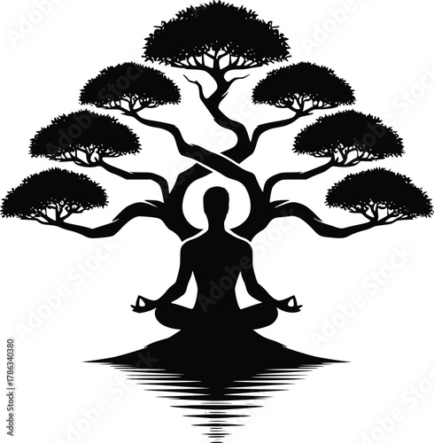 Meditating silhouette, spiritual tree and serene water reflection.