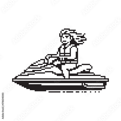 Pixel art of a person riding a jet ski on water