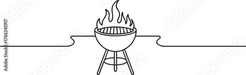 Continuous one line vector illustration of barbecue grill or kettle grill in minimalist line art style, BBQ cooking concept