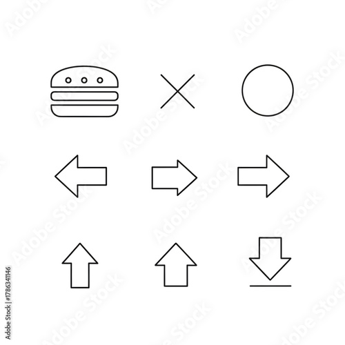 Collection of nine simple outline icons including a burger and arrows isolated on transparent background