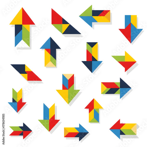 Colorful geometric tangram arrows pointing in different directions isolated on transparent background