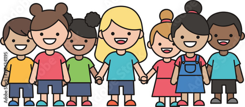 Cartoon children holding hands, diverse group illustration, multicultural unity, happy kids, flat vector, colorful design, friendship concept, inclusive art